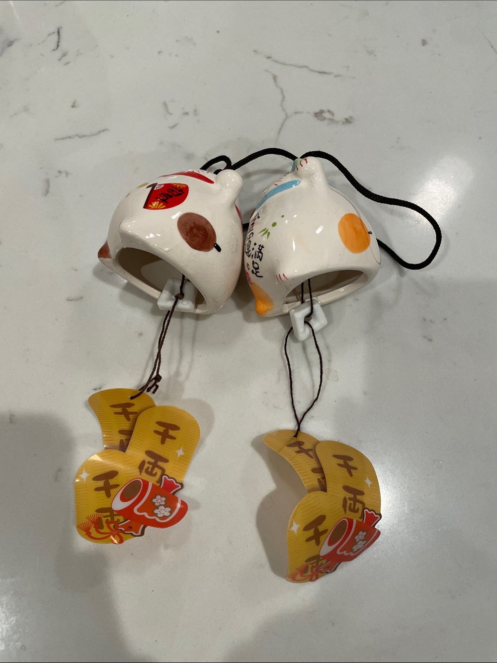 Ceramic Lucky Cat Wind Chimes - White with Orange & Brown Accents